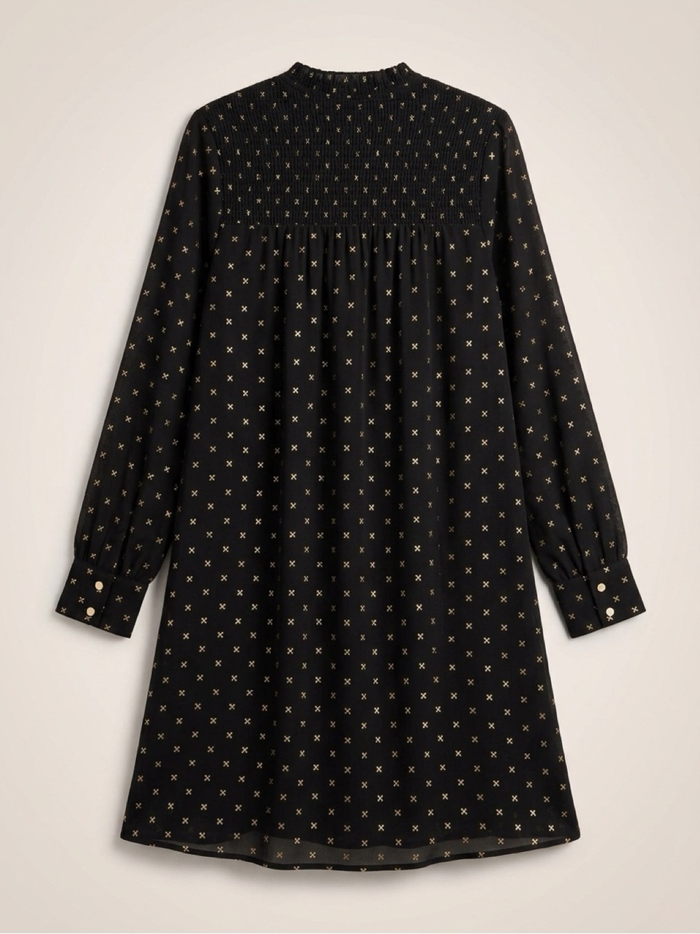 a new day Black Long-Sleeve Smocked-Yoke Dress with Gold Dot Pattern